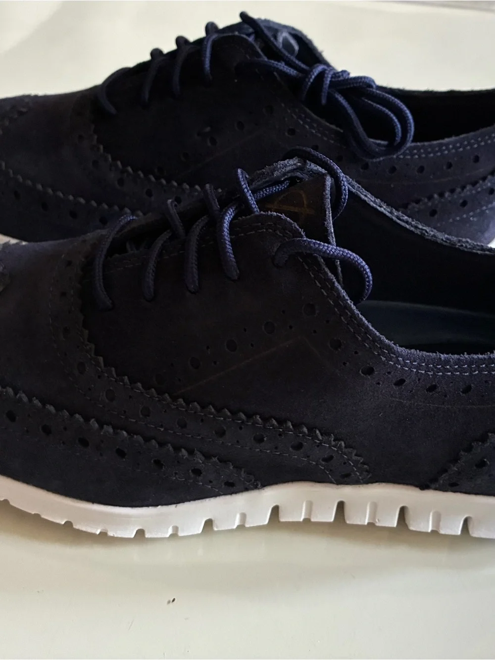 Cole Haan Navy Suede Wingtip Derby with White Sole